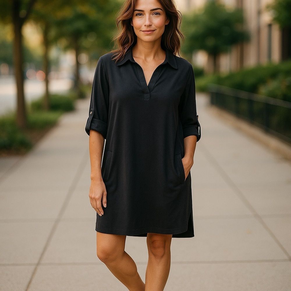 Women Navy Dress With Roll-Tab Sleeves Size Med